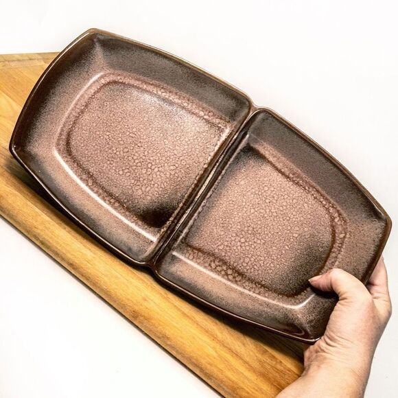 VTG Frankoma Plainsman Brown Tan Ceramic 13” Divided Serving Dish 5QD Ovenproof - Picture 5 of 9